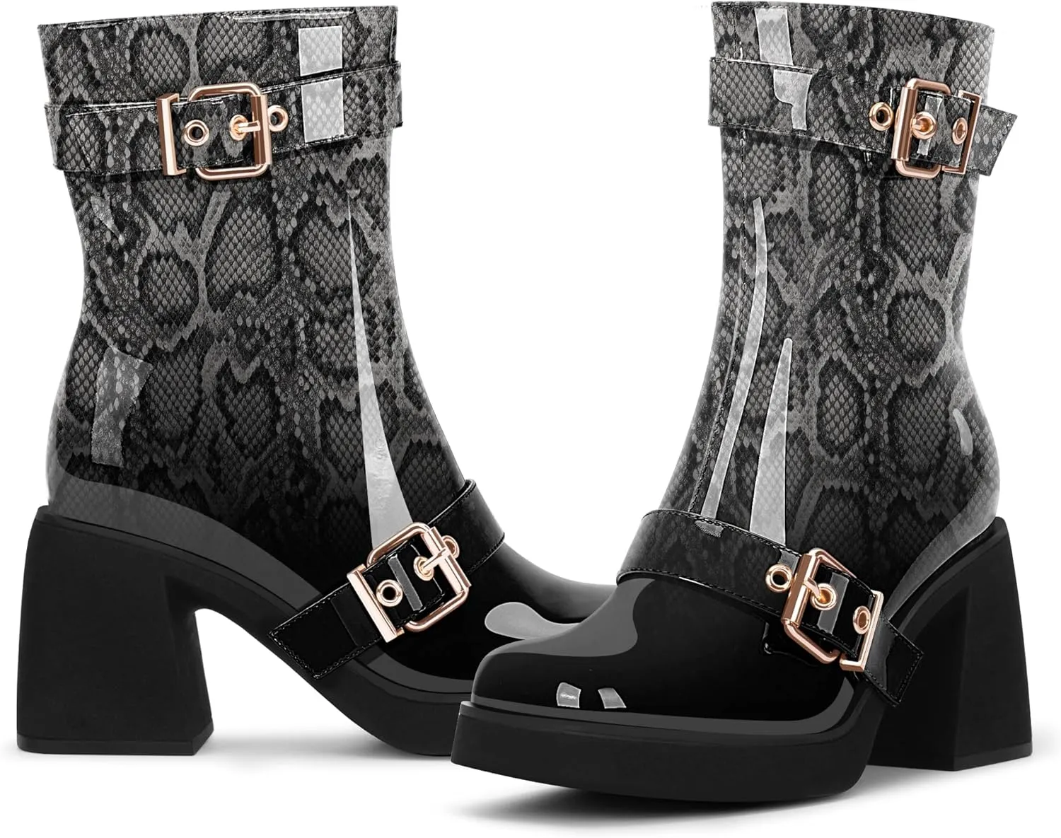 Women's Chunky Heel Square Toe Platform Buckle Strap Mid Calf Boots