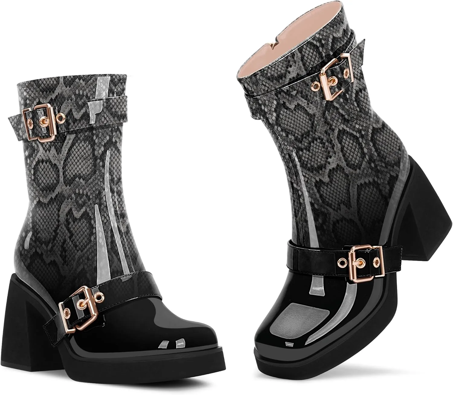 Women's Chunky Heel Square Toe Platform Buckle Strap Mid Calf Boots
