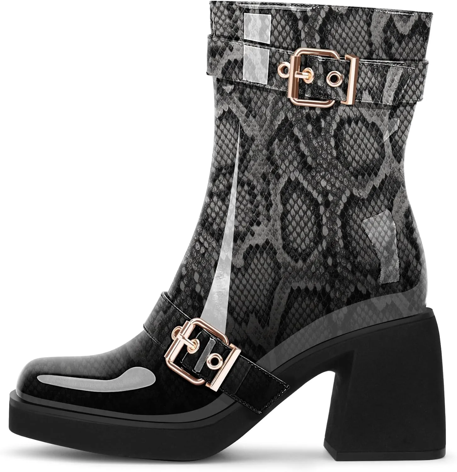 Women's Chunky Heel Square Toe Platform Buckle Strap Mid Calf Boots