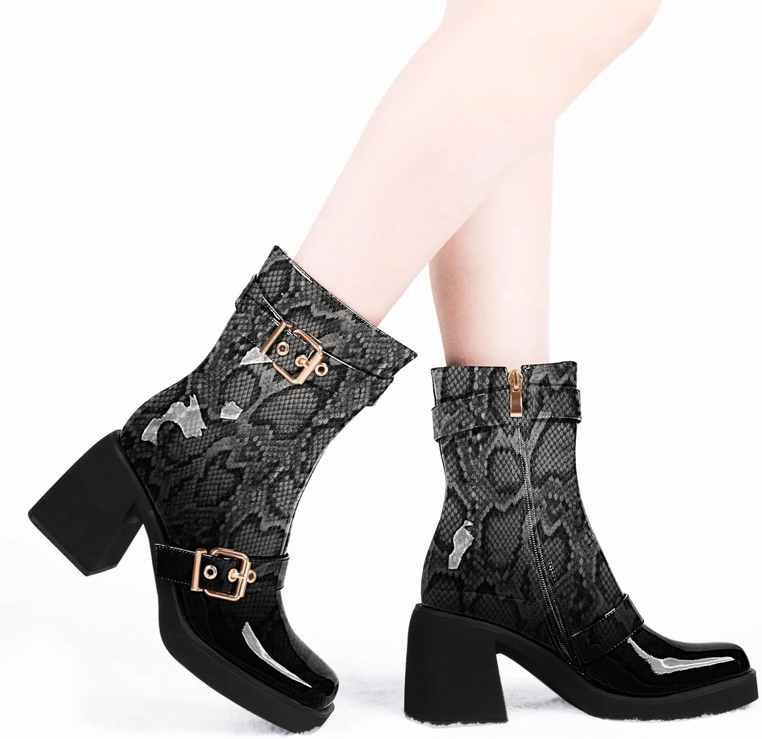 Women's Chunky Heel Square Toe Platform Buckle Strap Mid Calf Boots