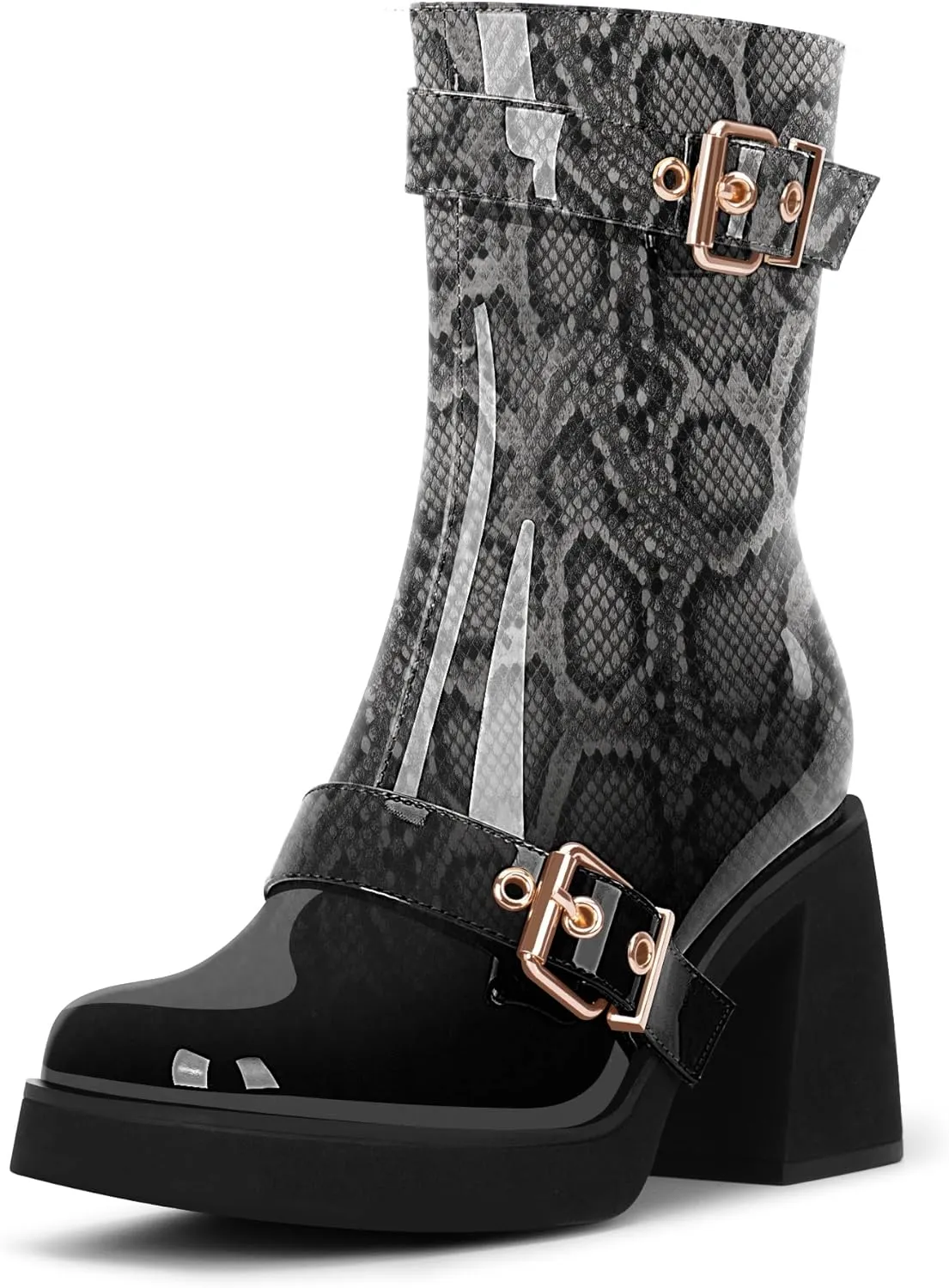 Women's Chunky Heel Square Toe Platform Buckle Strap Mid Calf Boots
