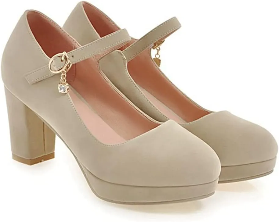 Women's Chunky High Block Heel Pumps Suede Round Toe Mary Jane Platform Casual Office Dress Shoes