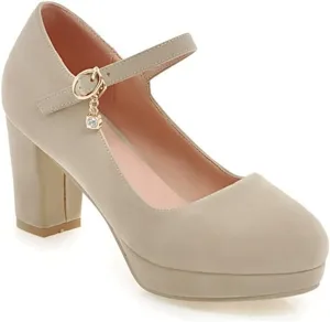 Women's Chunky High Block Heel Pumps Suede Round Toe Mary Jane Platform Casual Office Dress Shoes