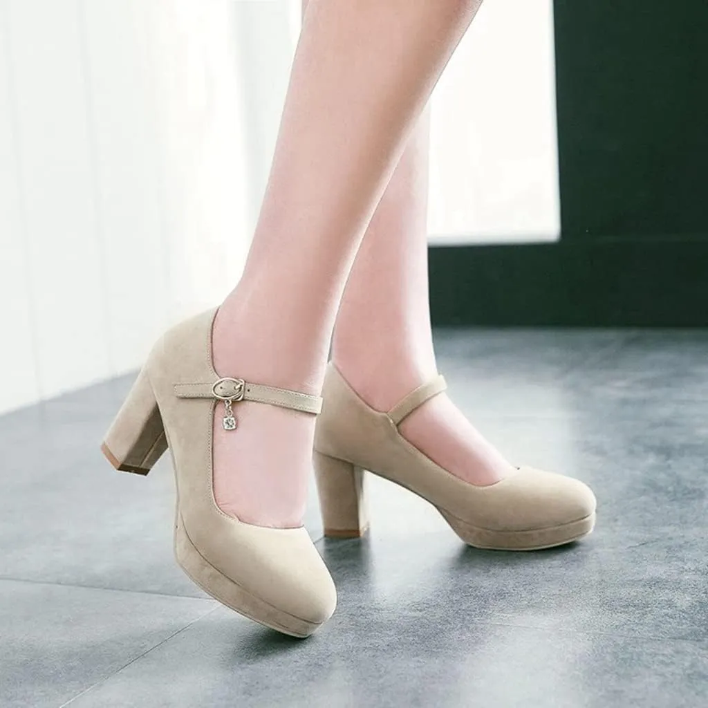 Women's Chunky High Block Heel Pumps Suede Round Toe Mary Jane Platform Casual Office Dress Shoes