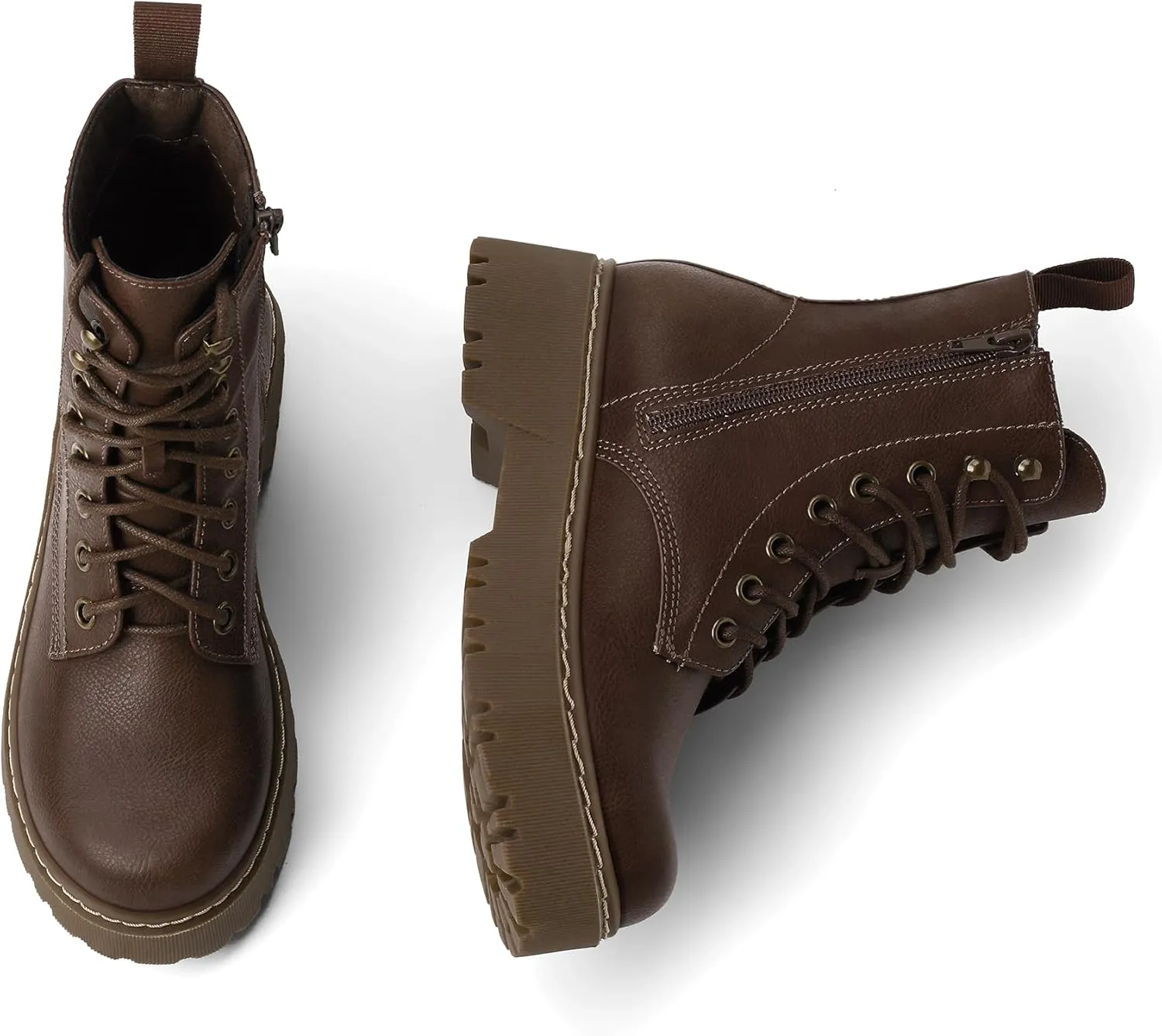 Women's Combat Ankle Boots Lace up Platform Lug Sole Chunky Low Heel Booties with Side Zipper