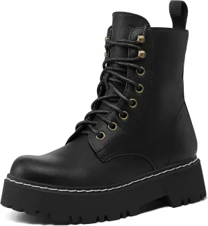 Women's Combat Ankle Boots Lace up Platform Lug Sole Chunky Low Heel Booties with Side Zipper