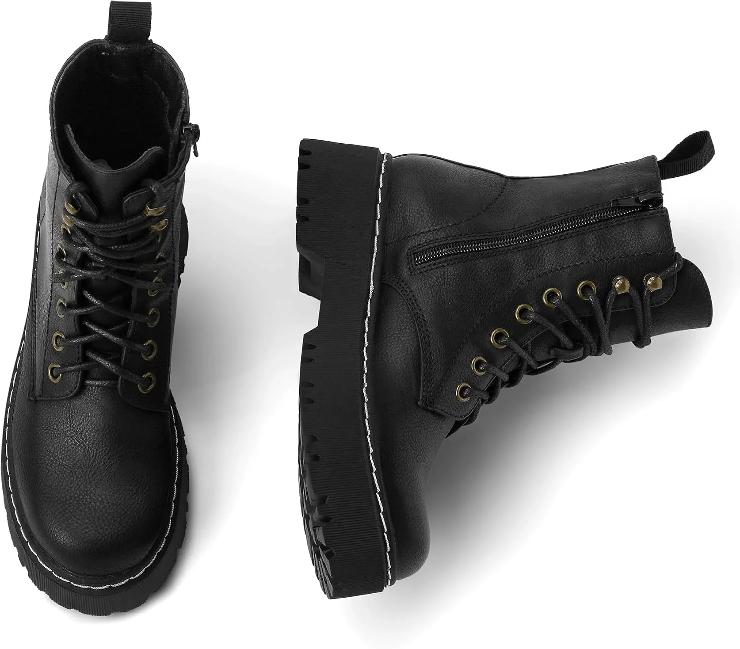 Women's Combat Ankle Boots Lace up Platform Lug Sole Chunky Low Heel Booties with Side Zipper