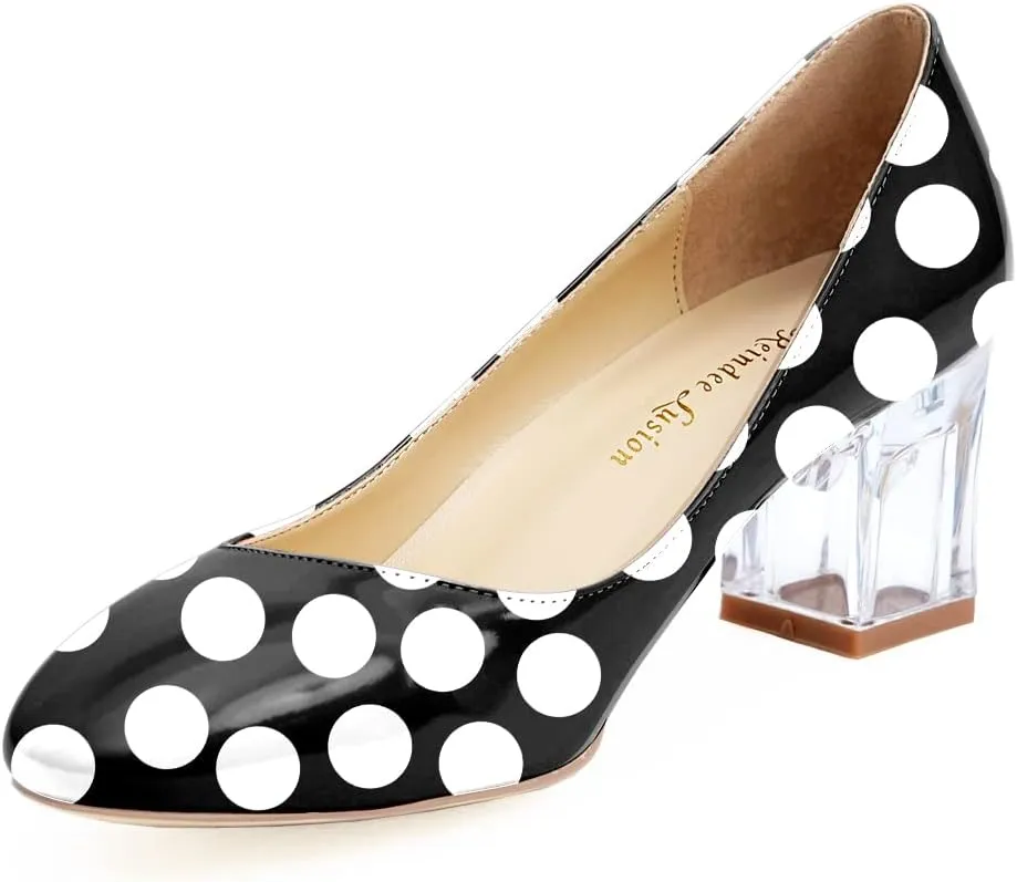 Women's Comfortable Clear Block Mid Heels Blue Squares Printed Round Toe Chic Pumps Shoes