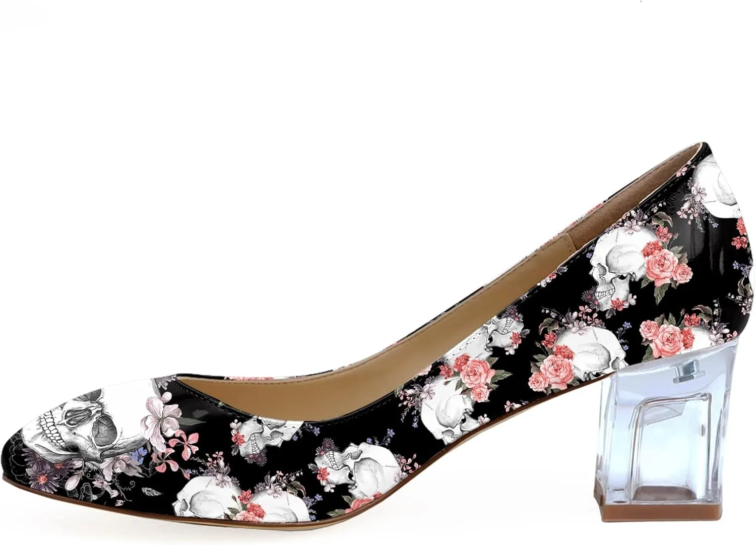 Women's Comfortable Clear Block Mid Heels Blue Squares Printed Round Toe Chic Pumps Shoes