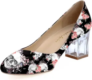Women's Comfortable Clear Block Mid Heels Blue Squares Printed Round Toe Chic Pumps Shoes