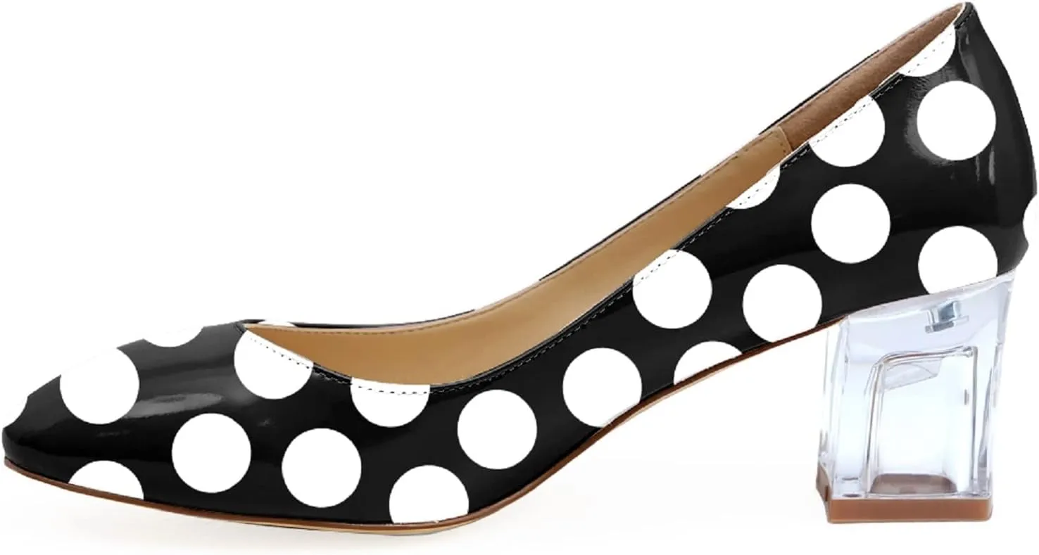 Women's Comfortable Clear Block Mid Heels Blue Squares Printed Round Toe Chic Pumps Shoes