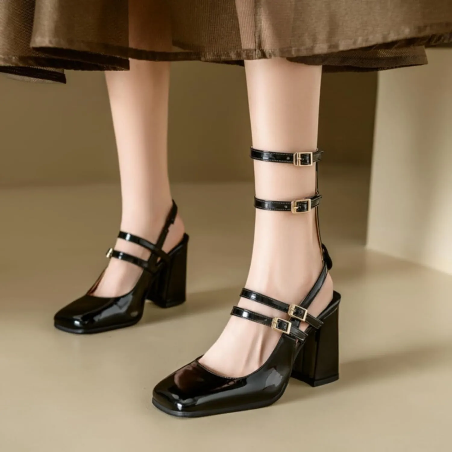 Women's Fashion Slingback Chunky Heels Block Mary Jane Pumps Square Closed Toe Backless Ankle Strap Buckle Dress Party Prom Shoes