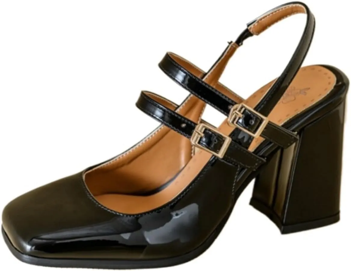 Women's Fashion Slingback Chunky Heels Block Mary Jane Pumps Square Closed Toe Backless Ankle Strap Buckle Dress Party Prom Shoes