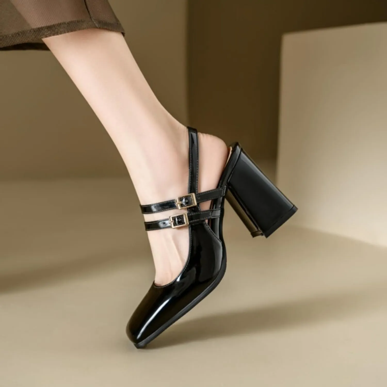 Women's Fashion Slingback Chunky Heels Block Mary Jane Pumps Square Closed Toe Backless Ankle Strap Buckle Dress Party Prom Shoes