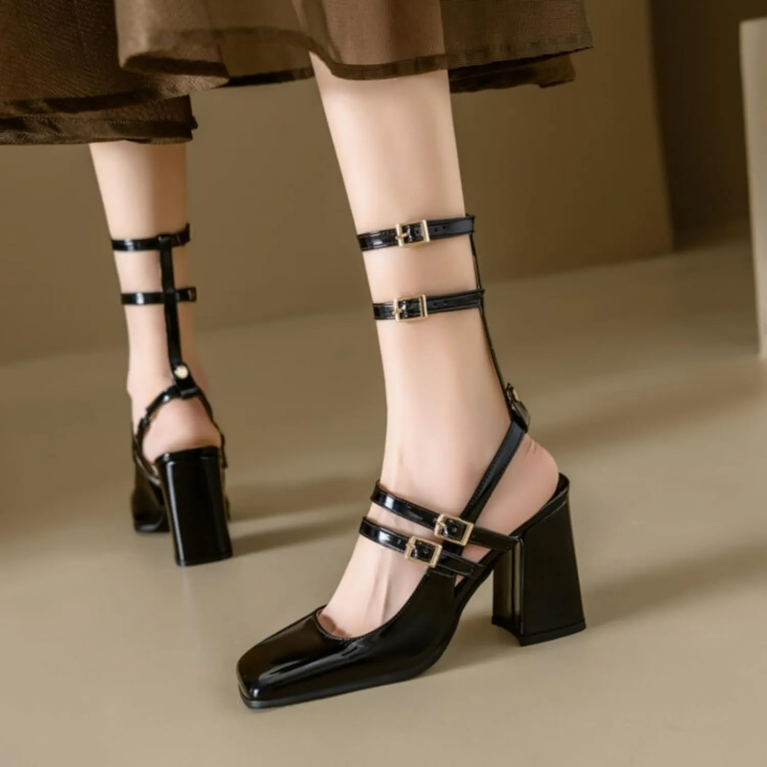 Women's Fashion Slingback Chunky Heels Block Mary Jane Pumps Square Closed Toe Backless Ankle Strap Buckle Dress Party Prom Shoes