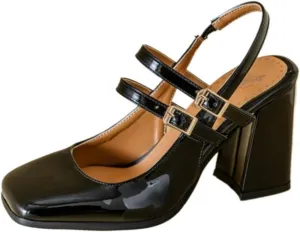 Women's Fashion Slingback Chunky Heels Block Mary Jane Pumps Square Closed Toe Backless Ankle Strap Buckle Dress Party Prom Shoes