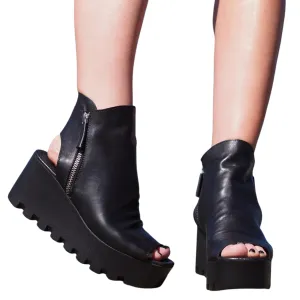 Women's Genuine Leather Open-toe Summer Boots - Handmade Black Platform Sandals, Leather Wedges, Unique Summer Open Toe Booties- Sizes 5 to 9