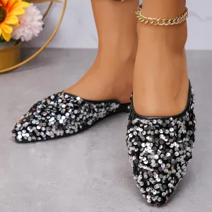 Women's Glitter Rhinestone Flat Mules Comfortable Soft Memory Foam Insole Cherry Pointed Rivet Mule Shoes