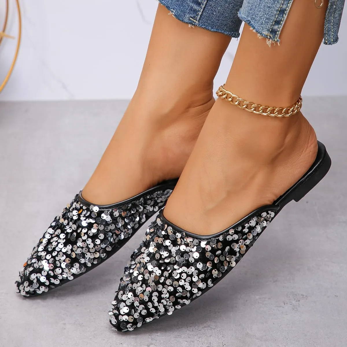 Women's Glitter Rhinestone Flat Mules Comfortable Soft Memory Foam Insole Cherry Pointed Rivet Mule Shoes