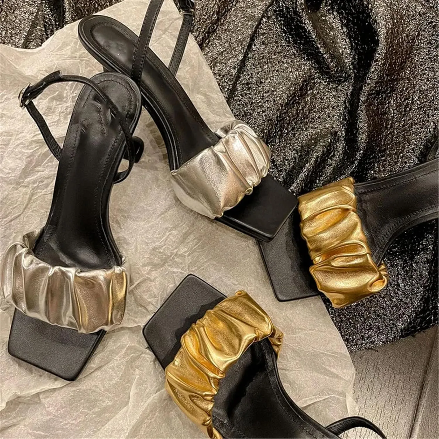 Women's Gold Pleated Strap Summer Sandals, Chic Fashion Thin High Heels Prom Party Pump