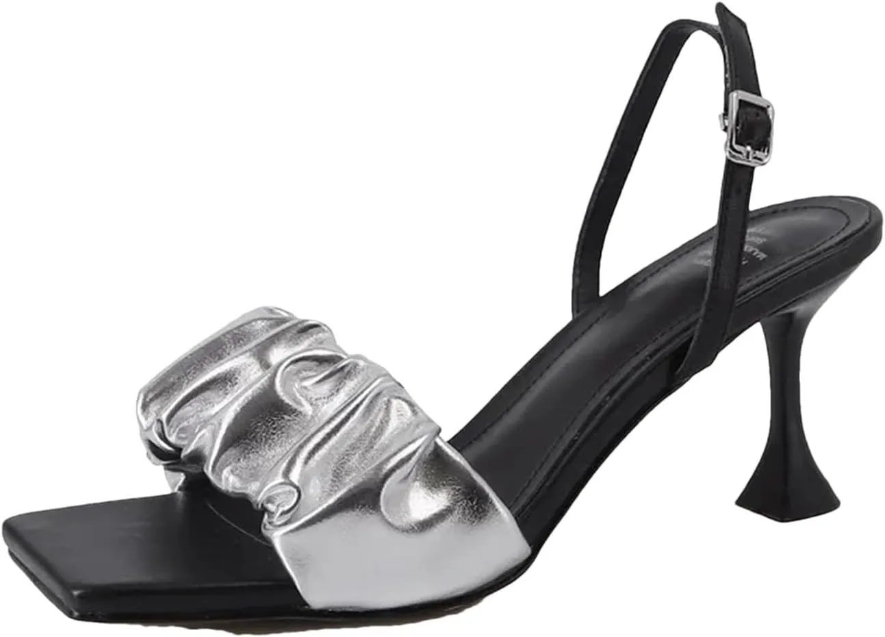 Women's Gold Pleated Strap Summer Sandals, Chic Fashion Thin High Heels Prom Party Pump