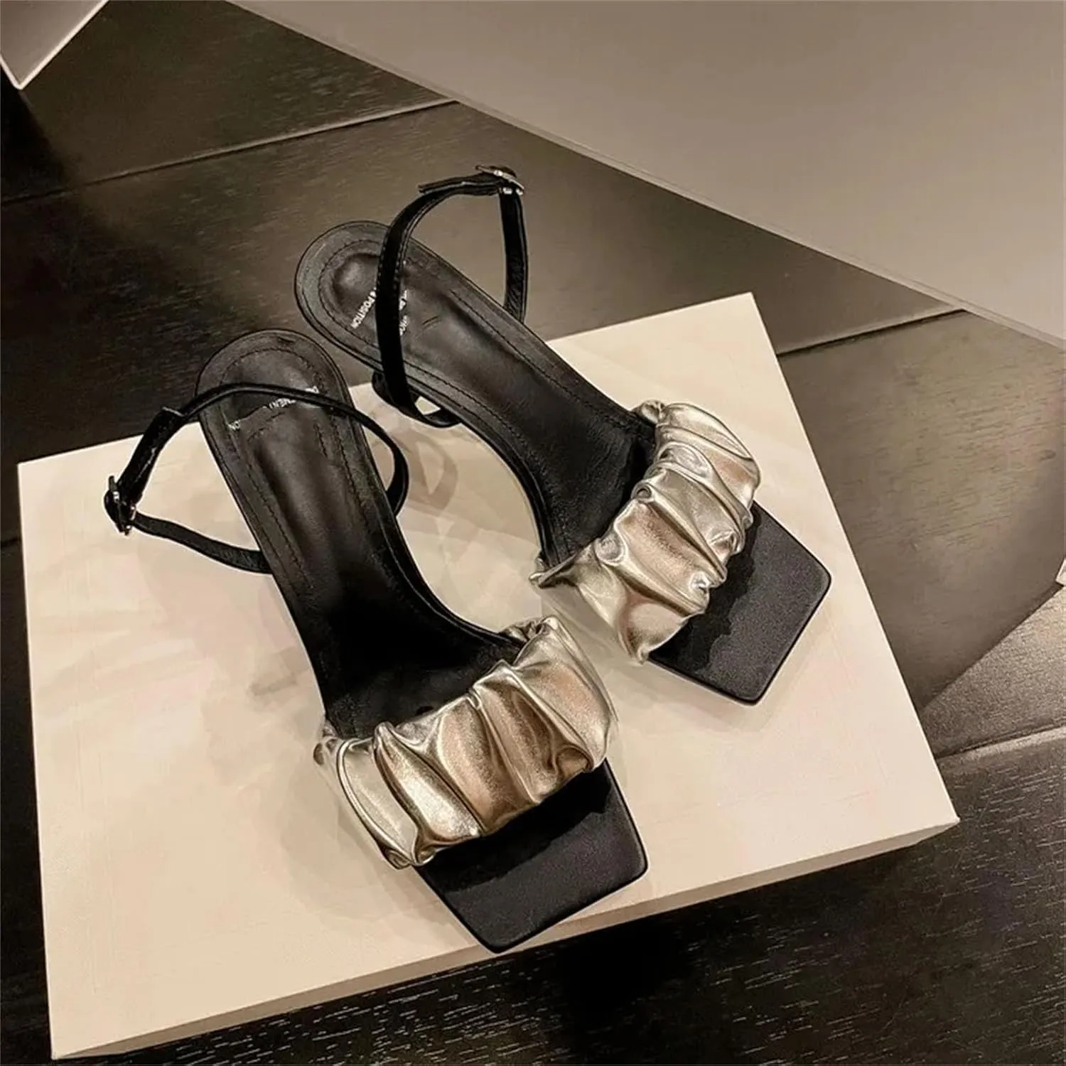 Women's Gold Pleated Strap Summer Sandals, Chic Fashion Thin High Heels Prom Party Pump