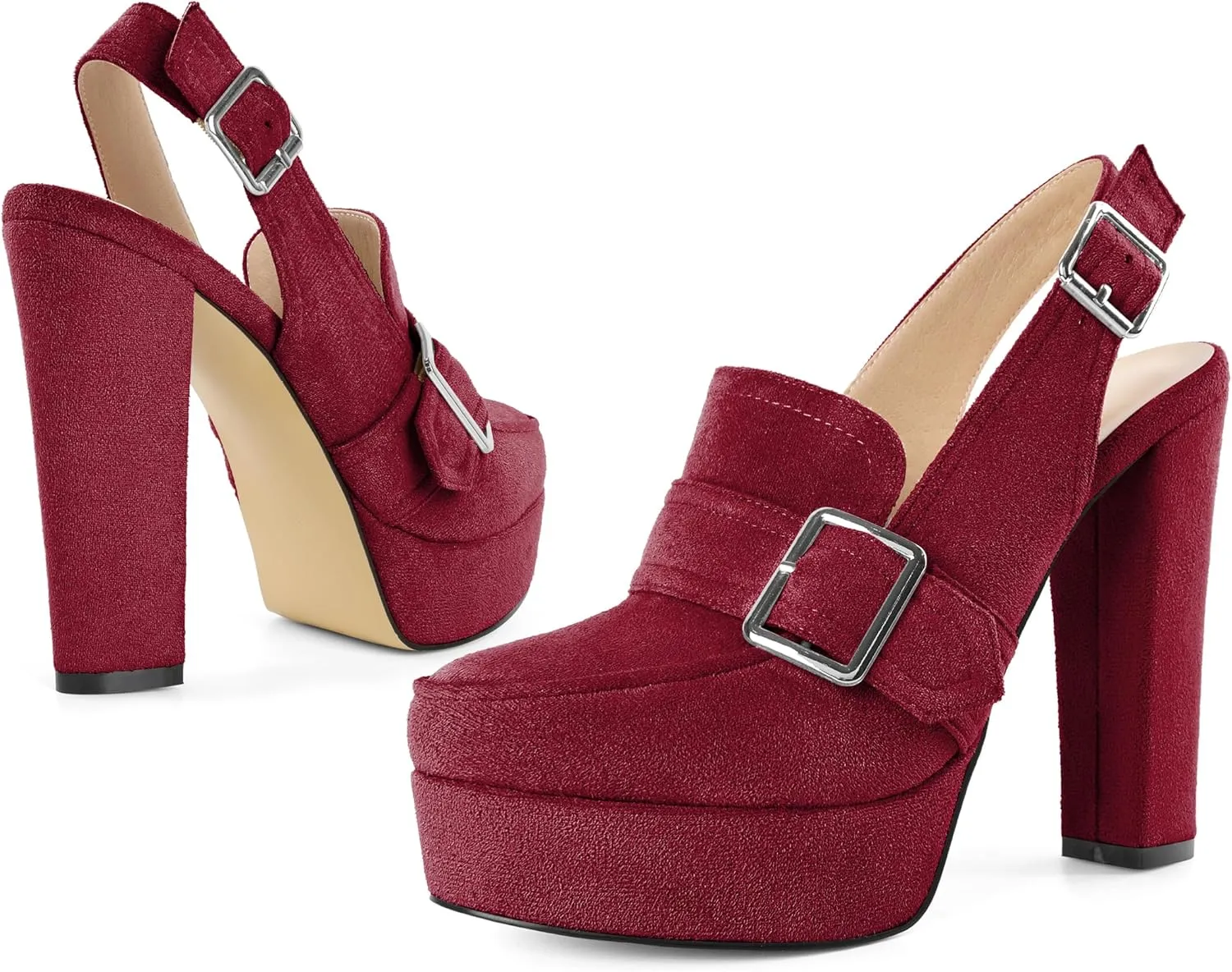 Women's High Heel Loafers Platform Pumps Round Toe Heels Chunky Heel Pumps Stylish Comfortable 4.8 Inch Slingback Heels