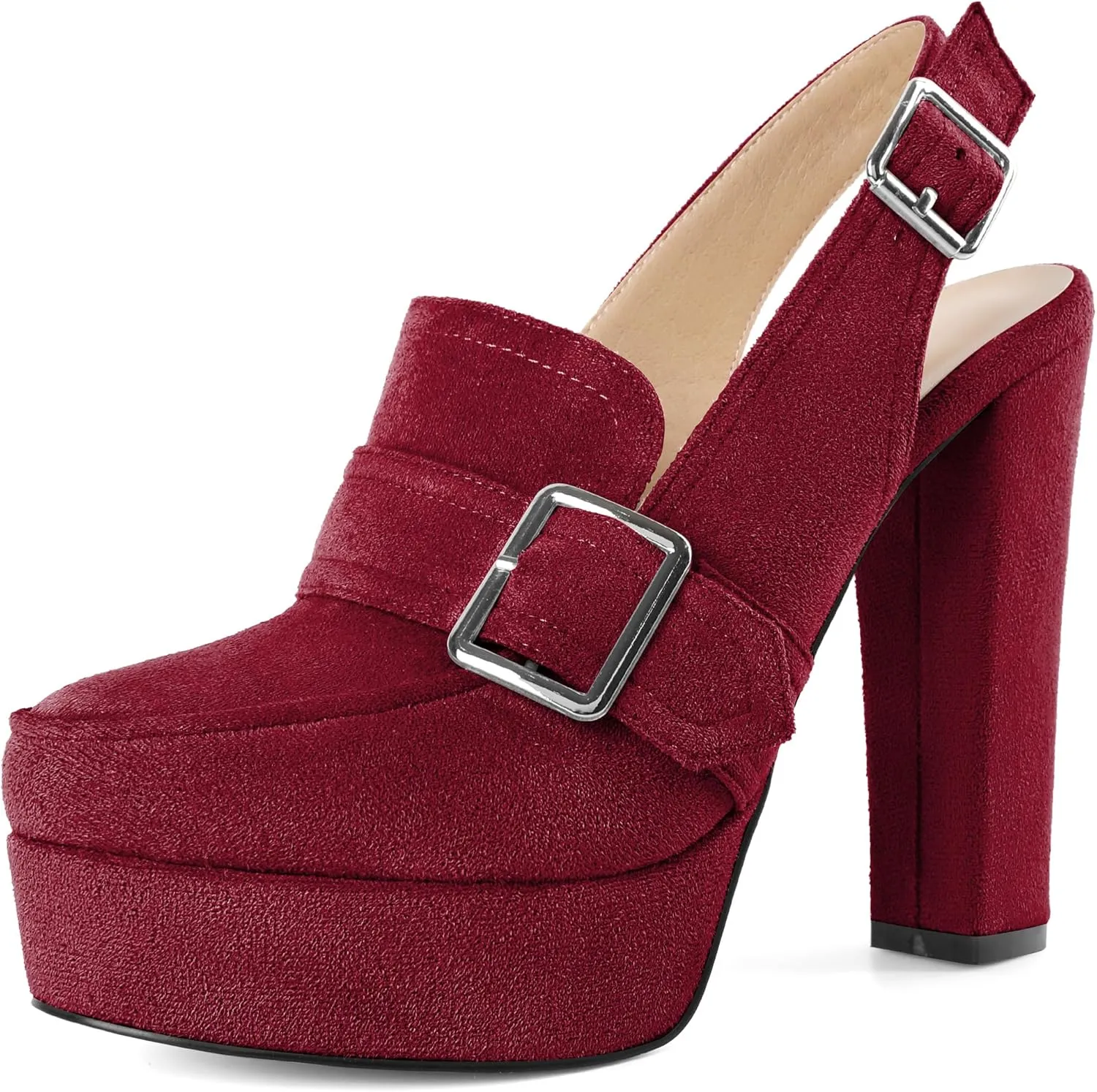 Women's High Heel Loafers Platform Pumps Round Toe Heels Chunky Heel Pumps Stylish Comfortable 4.8 Inch Slingback Heels