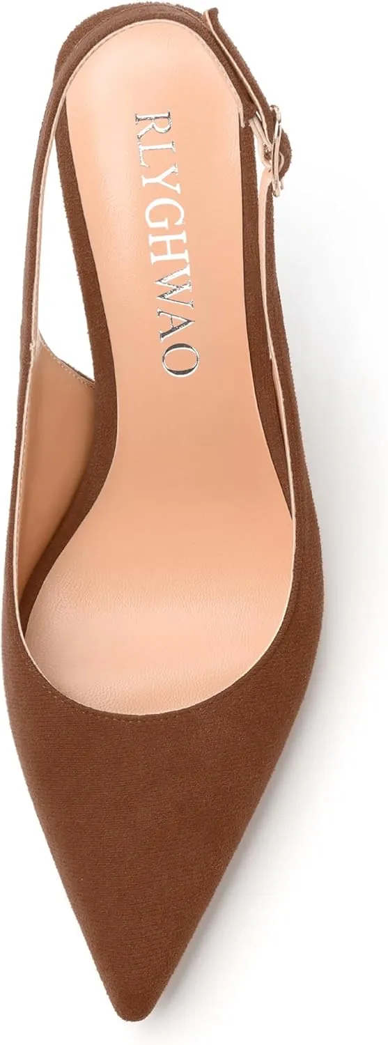 Womens High Heels Fashion Pointed Toe Buckle Slingback Pumps Solid Suede Shoes for Women