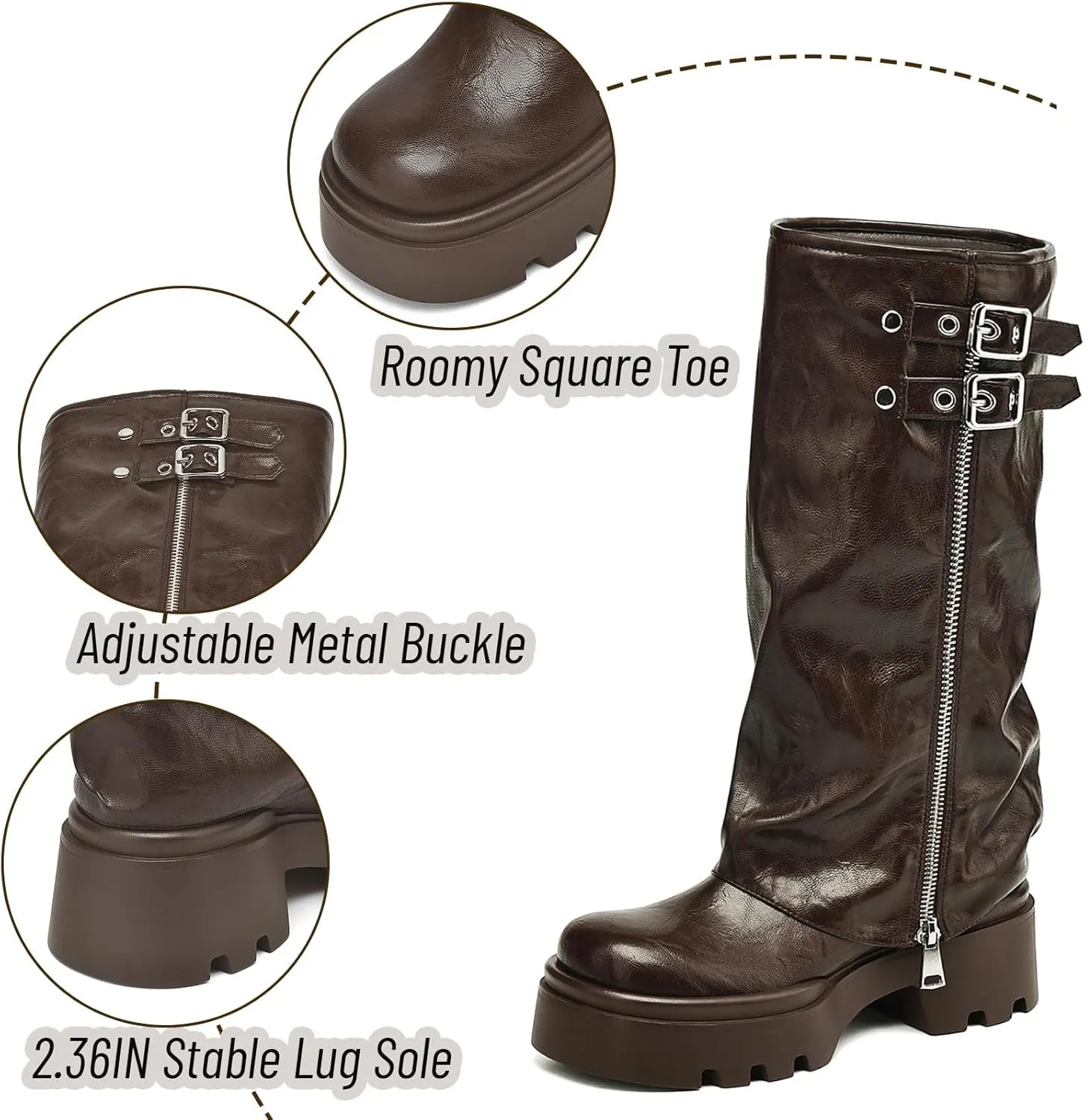 Women's Knee High Boots Buckle Moto Biker Boots for Women Platform Fold Over Tall Boots Chunky Low Heel Wide Calf Boots