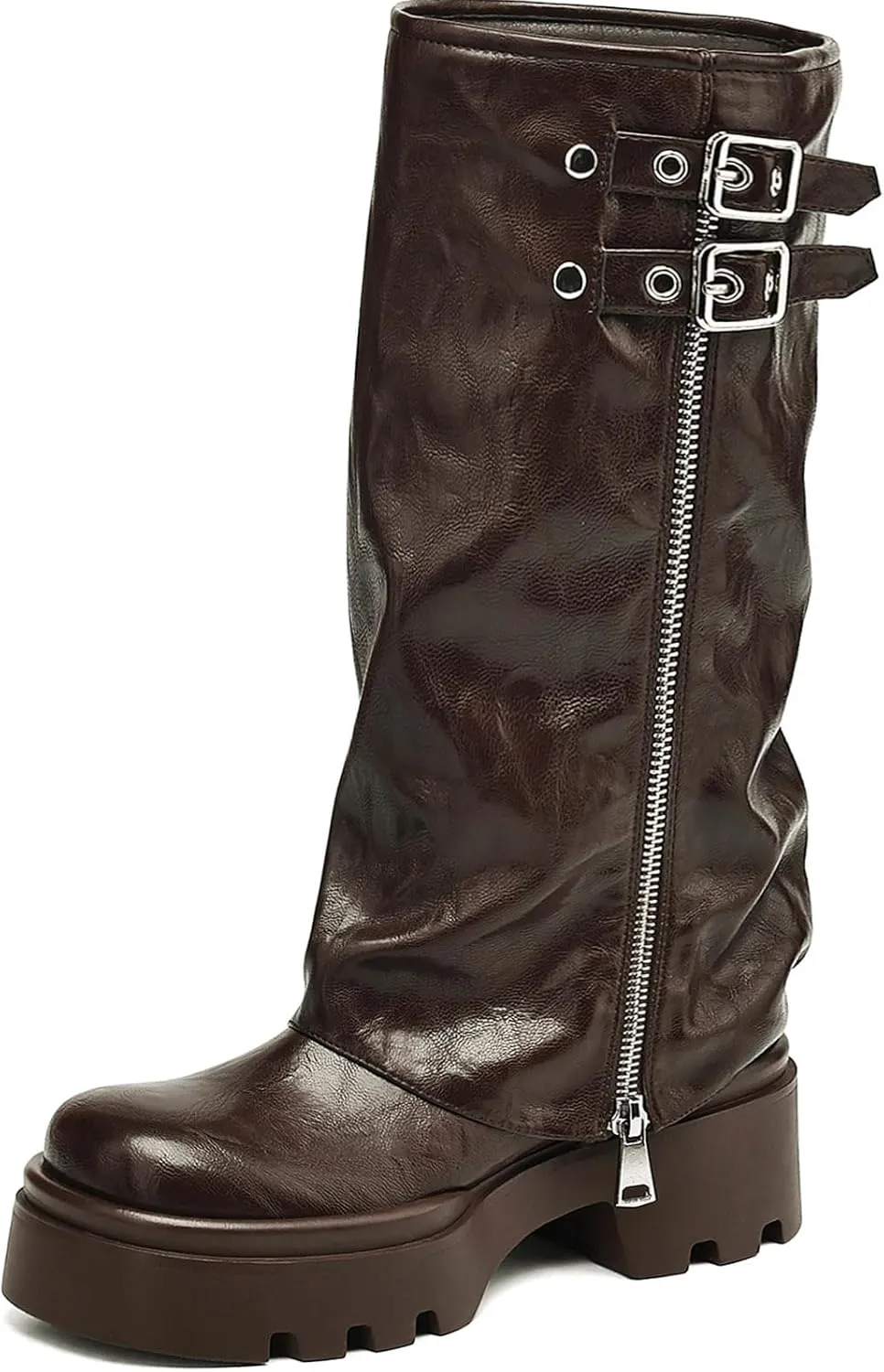 Women's Knee High Boots Buckle Moto Biker Boots for Women Platform Fold Over Tall Boots Chunky Low Heel Wide Calf Boots