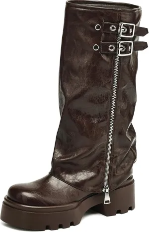 Women's Knee High Boots Buckle Moto Biker Boots for Women Platform Fold Over Tall Boots Chunky Low Heel Wide Calf Boots