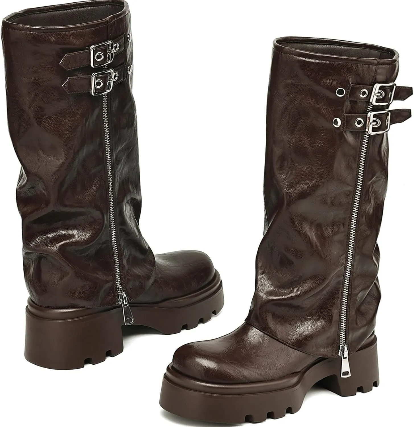 Women's Knee High Boots Buckle Moto Biker Boots for Women Platform Fold Over Tall Boots Chunky Low Heel Wide Calf Boots
