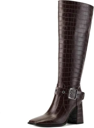 Women's Knee High Boots Chunky Heel Square Toe PU Leather Boots with Side Zipper Urban Chic Tall Boots for Fashion Street Style