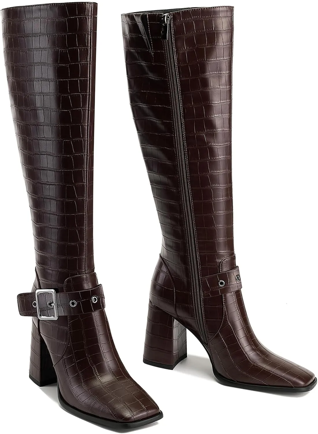 Women's Knee High Boots Chunky Heel Square Toe PU Leather Boots with Side Zipper Urban Chic Tall Boots for Fashion Street Style