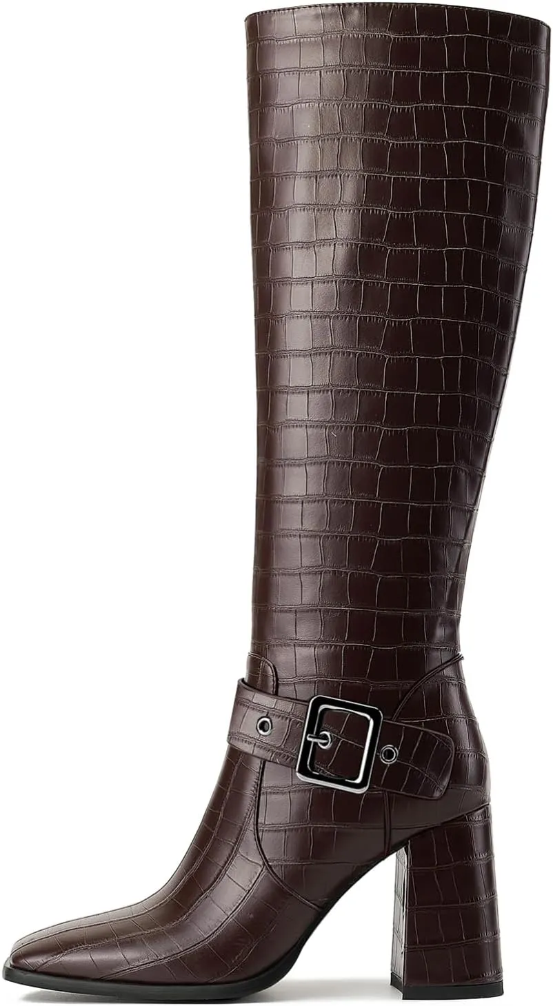 Women's Knee High Boots Chunky Heel Square Toe PU Leather Boots with Side Zipper Urban Chic Tall Boots for Fashion Street Style