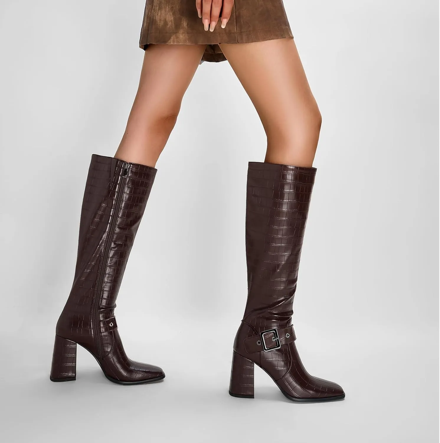 Women's Knee High Boots Chunky Heel Square Toe PU Leather Boots with Side Zipper Urban Chic Tall Boots for Fashion Street Style