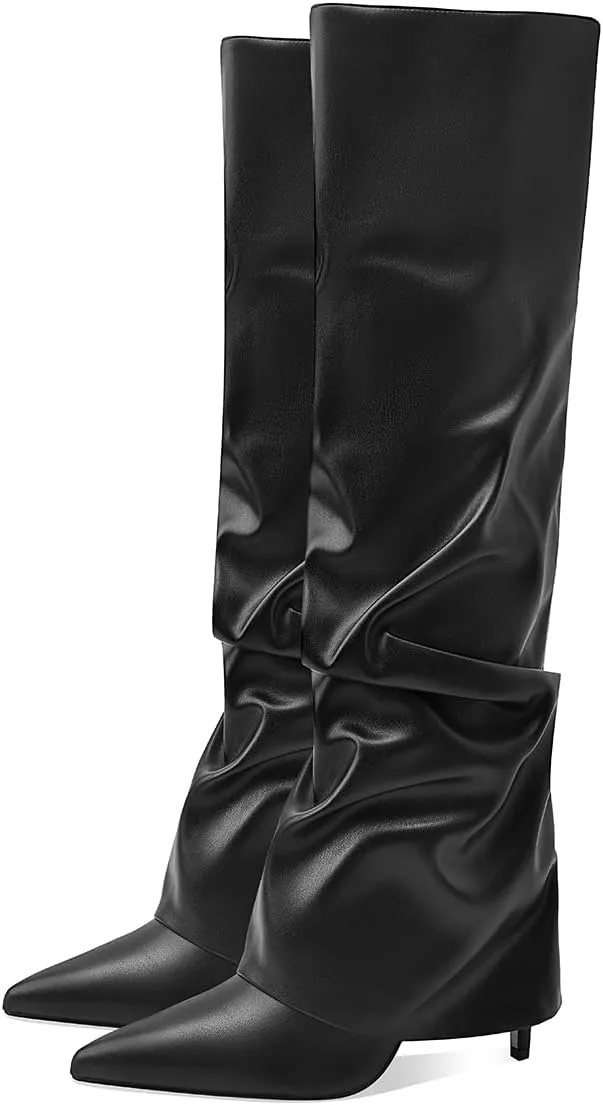 Women's Knee High Boots Fold Over Side Zipper Long Boots Pointed Toe Black White Women Dress Tall Boots for Women