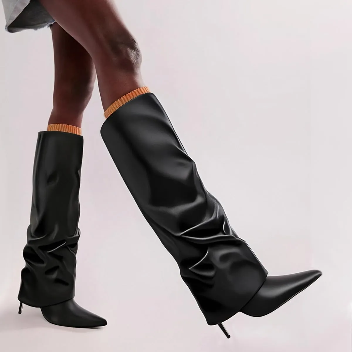 Women's Knee High Boots Fold Over Side Zipper Long Boots Pointed Toe Black White Women Dress Tall Boots for Women