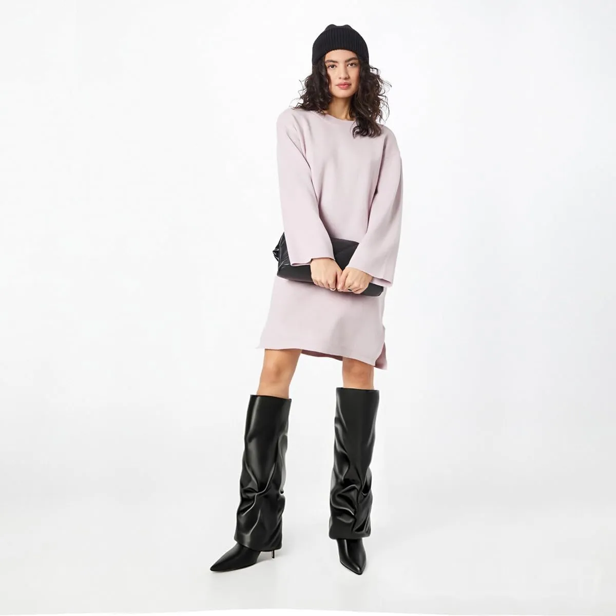 Women's Knee High Boots Fold Over Side Zipper Long Boots Pointed Toe Black White Women Dress Tall Boots for Women