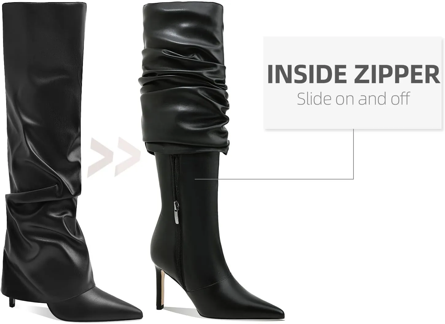 Women's Knee High Boots Fold Over Side Zipper Long Boots Pointed Toe Black White Women Dress Tall Boots for Women