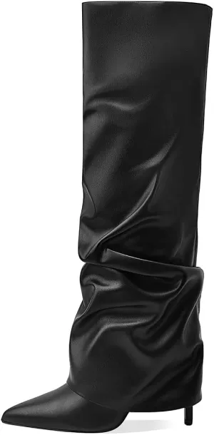 Women's Knee High Boots Fold Over Side Zipper Long Boots Pointed Toe Black White Women Dress Tall Boots for Women