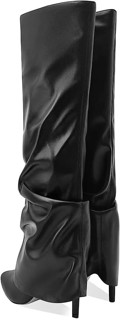 Women's Knee High Boots Fold Over Side Zipper Long Boots Pointed Toe Black White Women Dress Tall Boots for Women