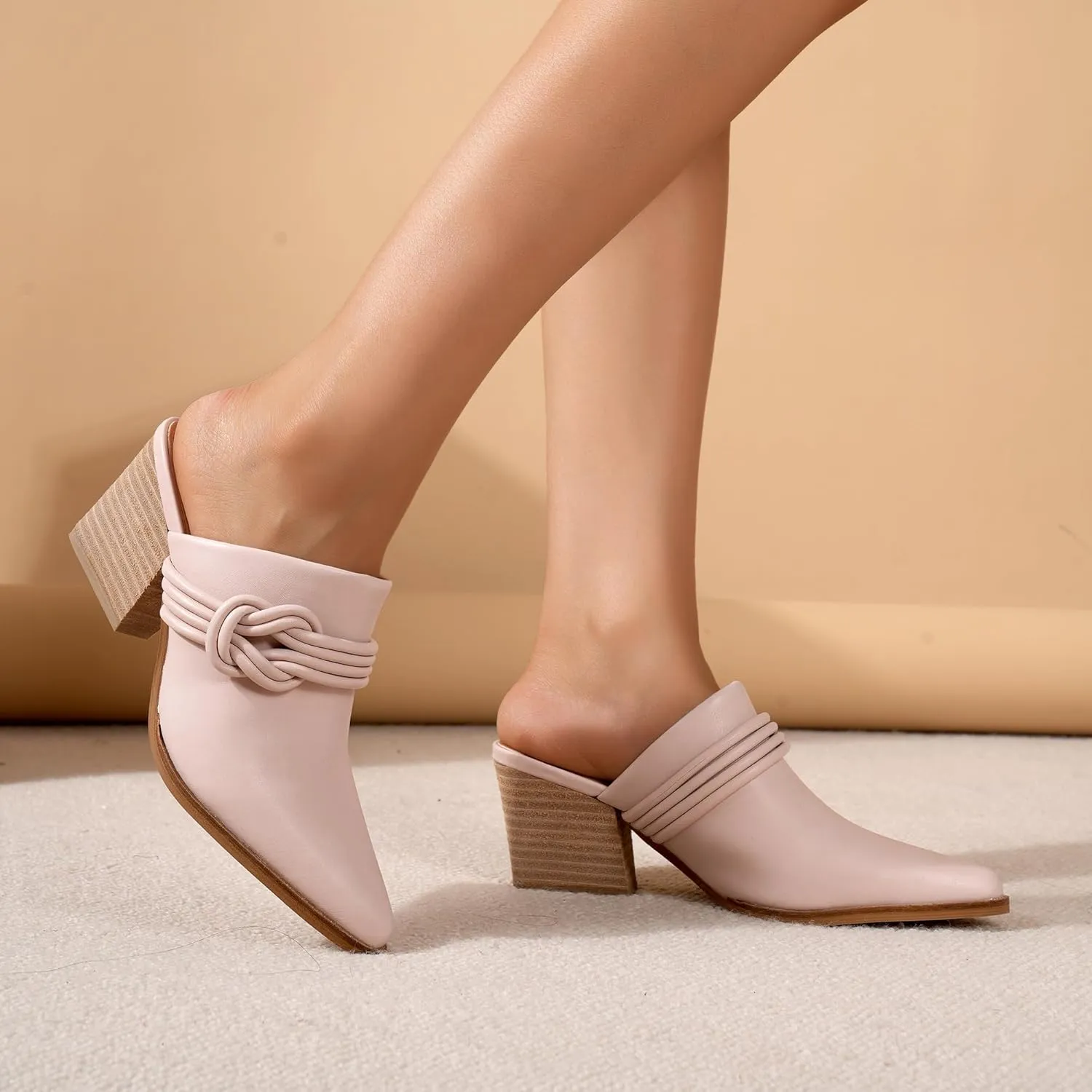 Women's Knotted Mule Western Mule Stacked Block Heels Mules Comfort Pointed Toe Slip on Slides Loafer Shoes