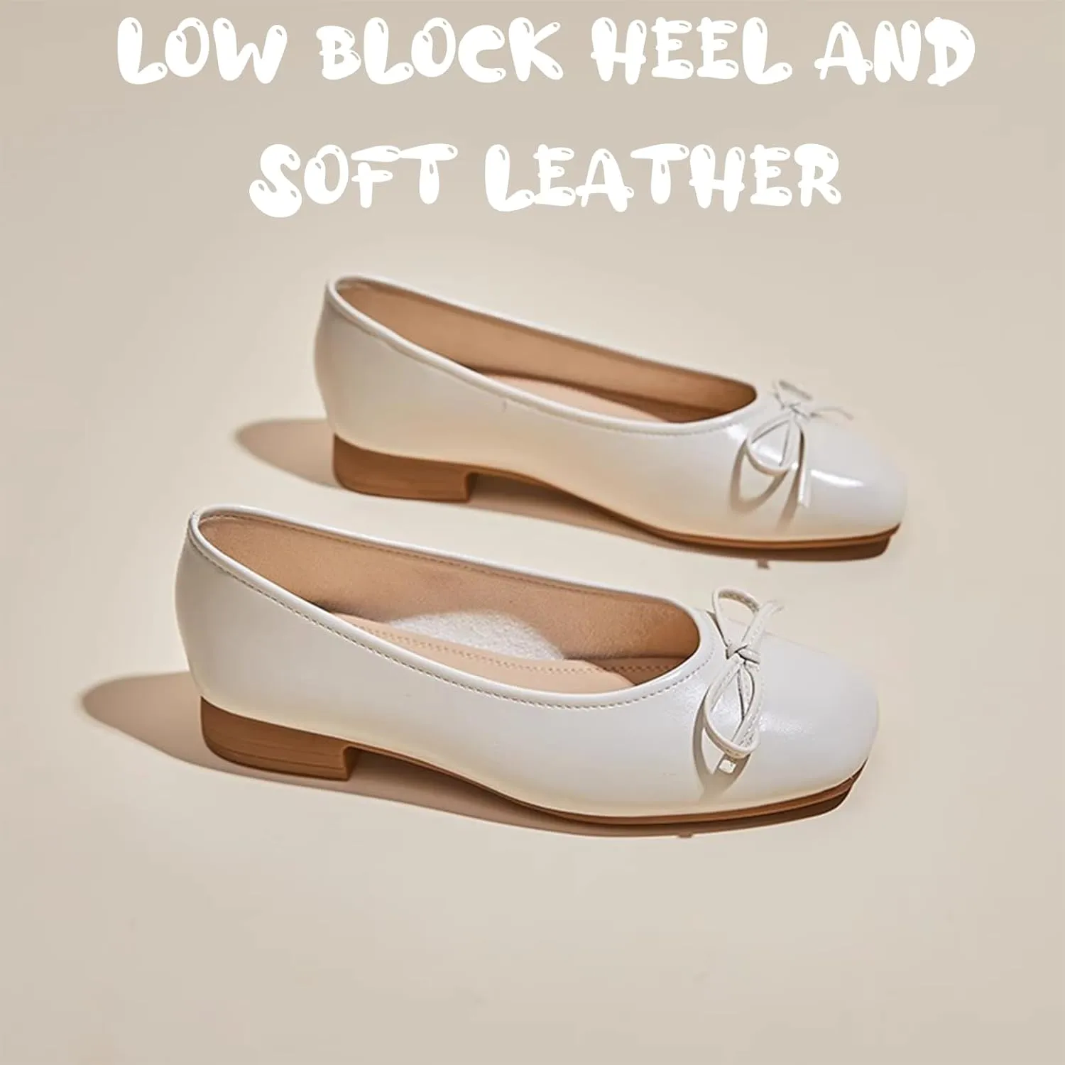 Women's Leather Bow Low Block Heel Formal Pumps Fashionable Square Closed Toe Slip-On Comfortable Soft Sole Casual Low Chunky Heel Loafers for Office Work Dress Shoes