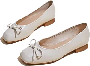 Women's Leather Bow Low Block Heel Formal Pumps Fashionable Square Closed Toe Slip-On Comfortable Soft Sole Casual Low Chunky Heel Loafers for Office Work Dress Shoes