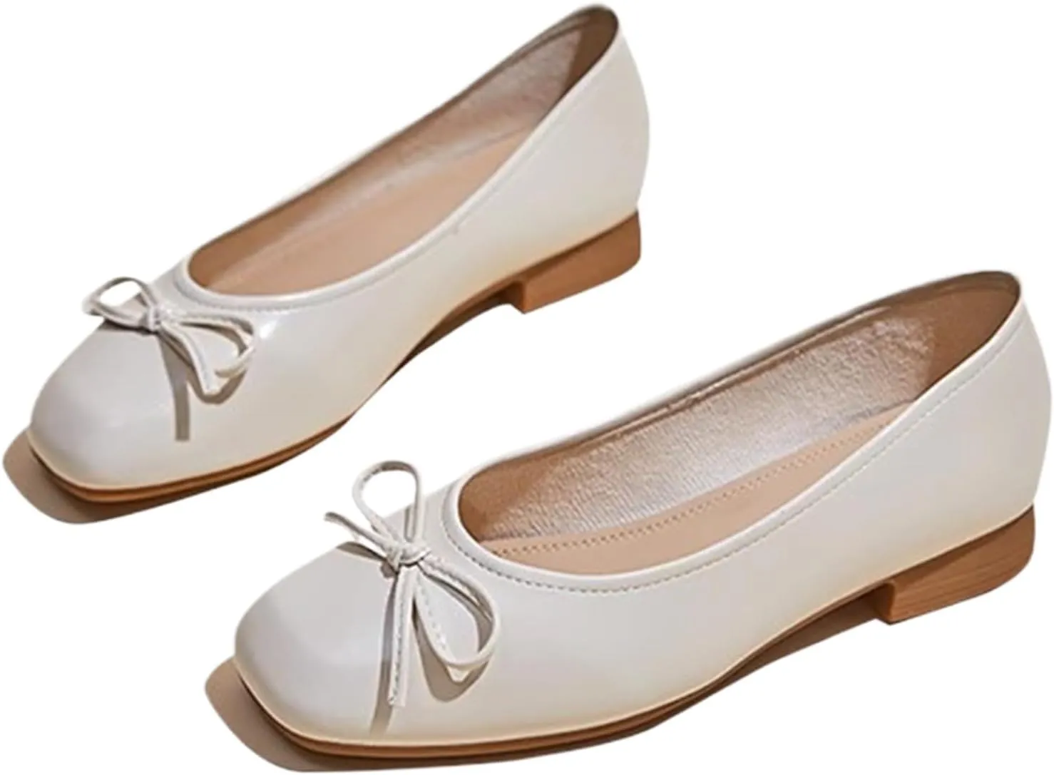 Women's Leather Bow Low Block Heel Formal Pumps Fashionable Square Closed Toe Slip-On Comfortable Soft Sole Casual Low Chunky Heel Loafers for Office Work Dress Shoes