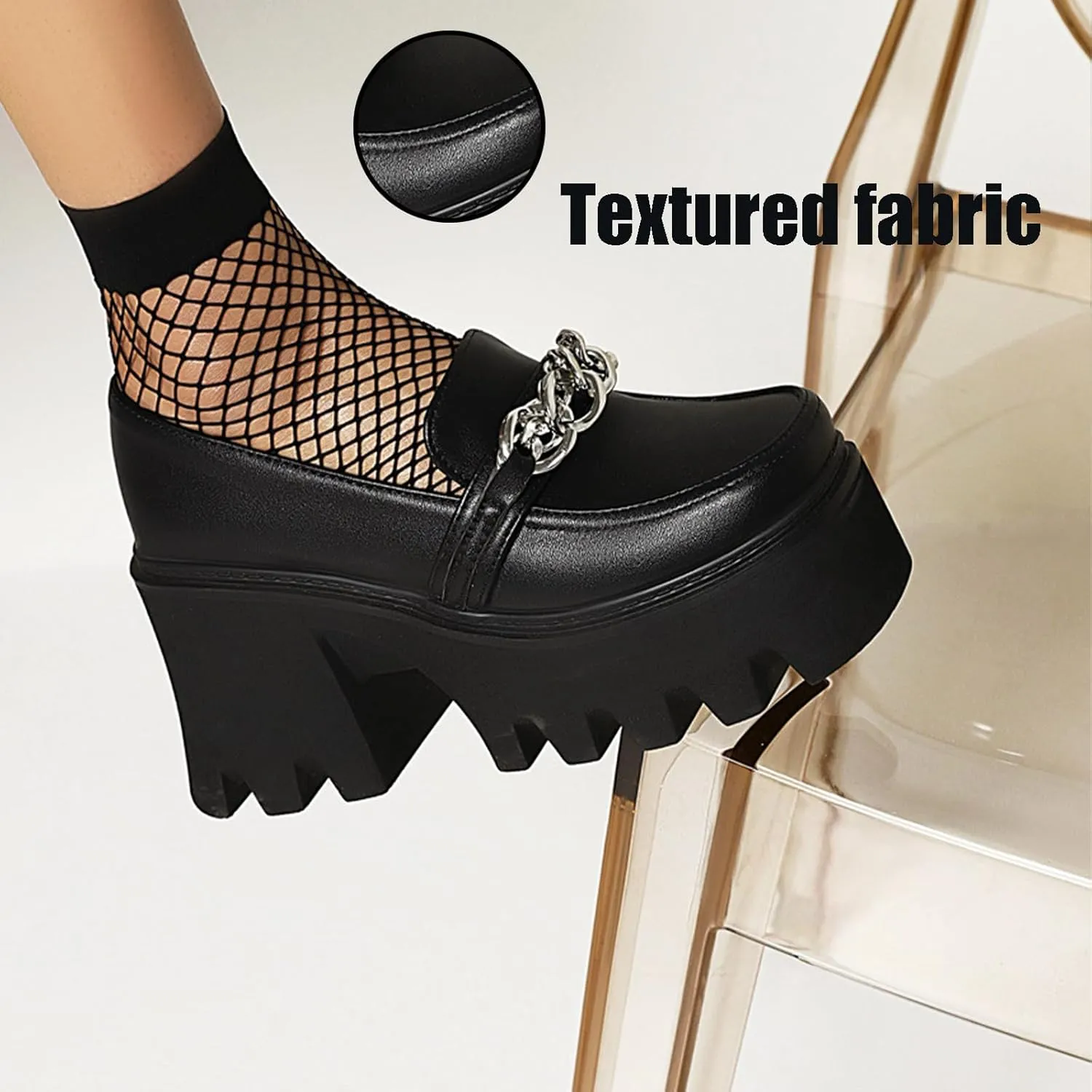 Women's Leather Chain Chunky Platform Dress Loafers Square Toe Slip on Lug Sole Work Business Formal Shoes Daily Non-Slip Height Increase Casual Shoes