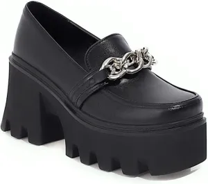 Women's Leather Chain Chunky Platform Dress Loafers Square Toe Slip on Lug Sole Work Business Formal Shoes Daily Non-Slip Height Increase Casual Shoes