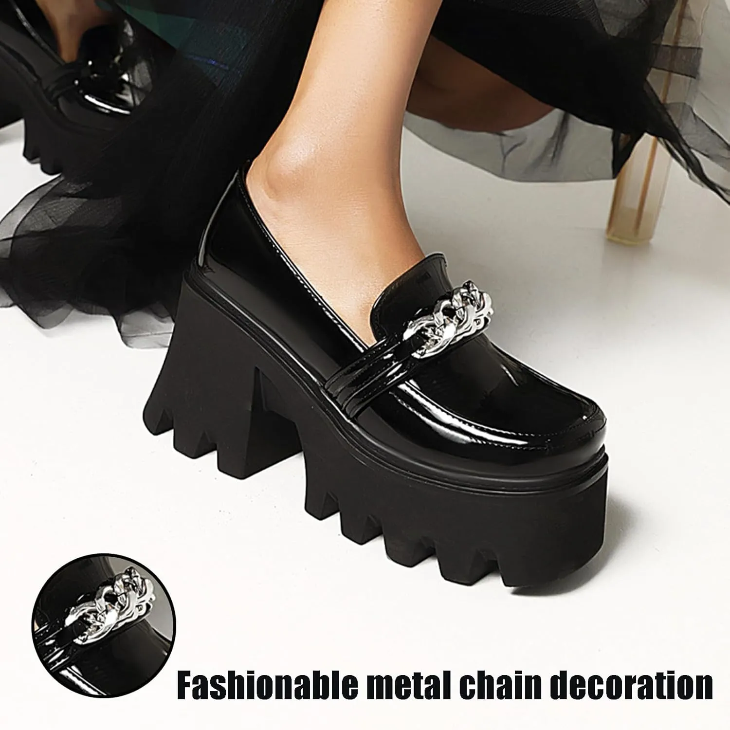 Women's Leather Chain Chunky Platform Dress Loafers Square Toe Slip on Lug Sole Work Business Formal Shoes Daily Non-Slip Height Increase Casual Shoes